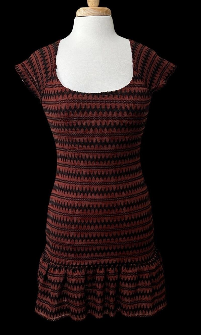 Free People Mini Dress Cozy Day Flounce Rust Black Retro Grunge Sweater Knit S